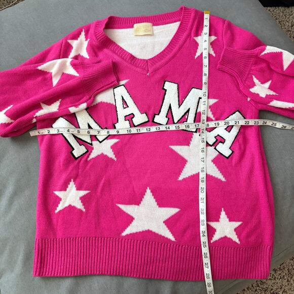 Judith March Hot Pink Star Mama Sweater V Neck Pullover Small Oversized Dopamine - Picture 2 of 6